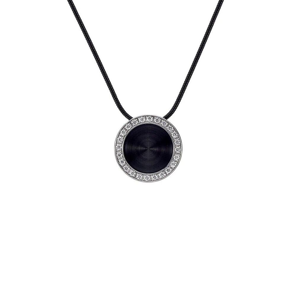B.Tiff Black Enamel Pavé 30-Stone Halo Pendant w/ 16” Silver Chain (Retail $80)
